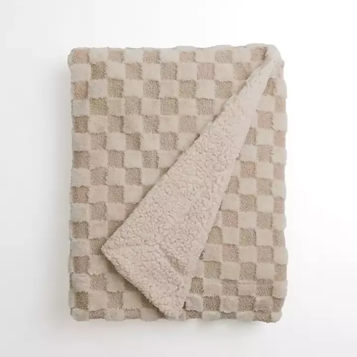 Taupe Faux Fur and Boucle Checkerboard Throw