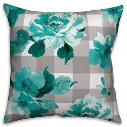 Teal Floral Buffalo Check Outdoor Pillow