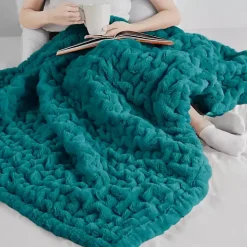 Teal Ruched Faux Fur Throw