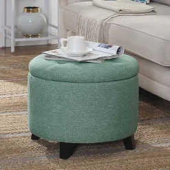 Teal Upholstered Eliza Round Storage Ottoman