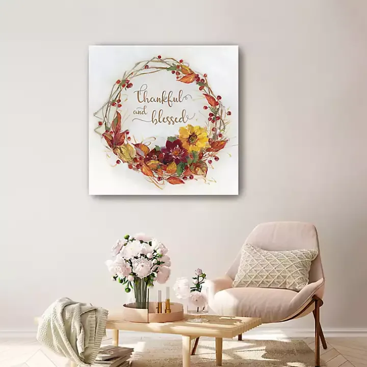 Thankful & Blessed Harvest Wreath Print, 30x30