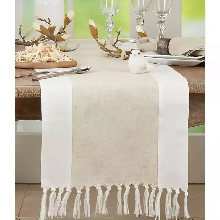 Two Tone Tan and White Table Runner, 72 in.