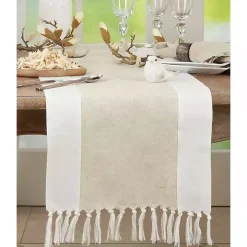 Two Tone Tan and White Table Runner, 90 in.