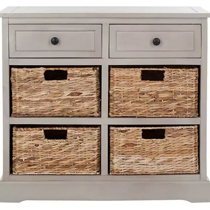 Vintage Gray Cabinet with Woven Baskets