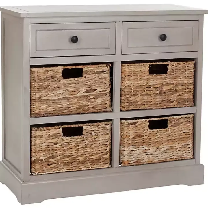 Vintage Gray Cabinet with Woven Baskets