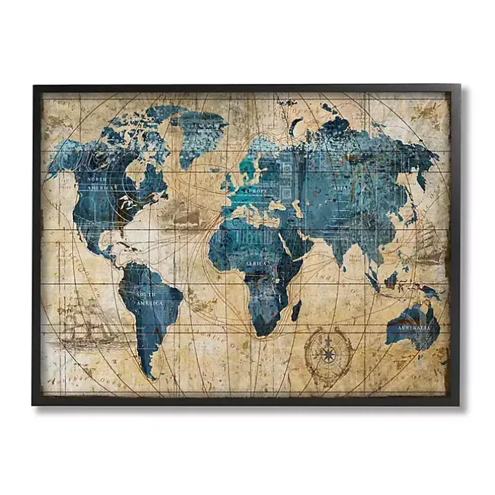 Vintage World Map Framed Giclee Canvas Art Print