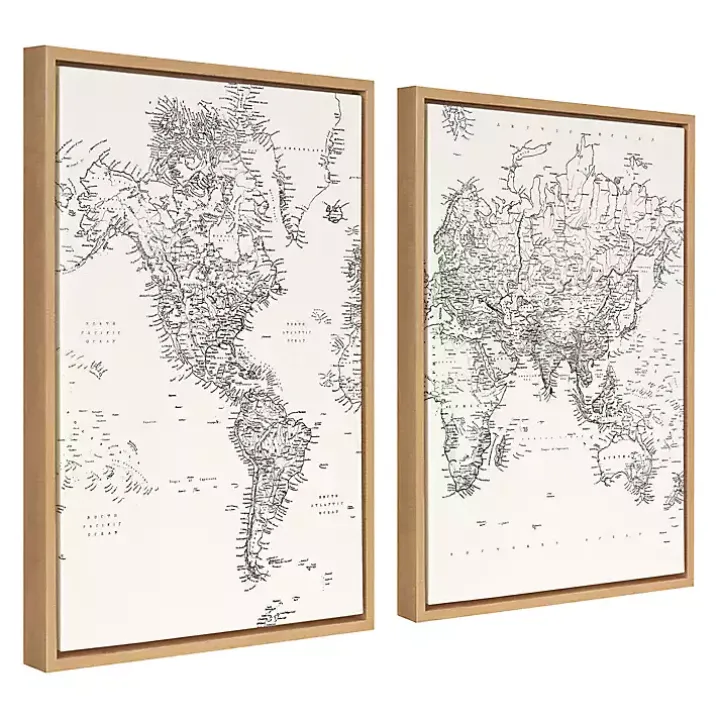Vintage World Map Framed Canvas Art, Set of 2
