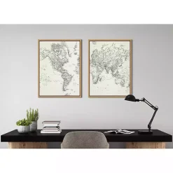 Vintage World Map Framed Canvas Art, Set of 2
