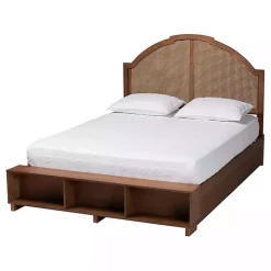 Walnut Brown Rattan Queen Storage Bed