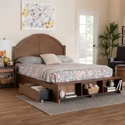 Walnut Brown Rattan Queen Storage Bed