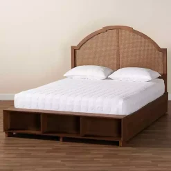 Walnut Brown Rattan Queen Storage Bed