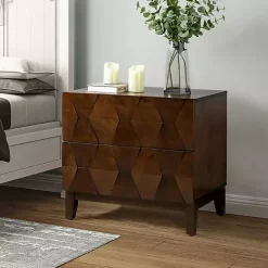 Walnut Geometric 2-Drawer Charging Nightstand