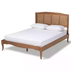 Walnut Wood and Rattan King Bed Frame