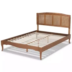 Walnut Wood and Rattan King Bed Frame