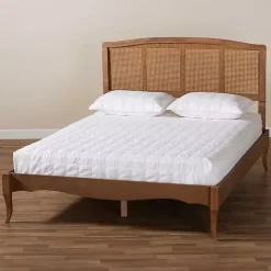 Walnut Wood and Rattan King Bed Frame