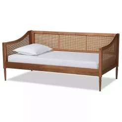 Walnut Wood and Rattan Twin Daybed