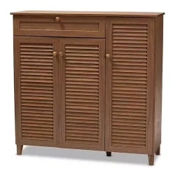 Walnut Wood 11-Shelf Paneled Shoe Cabinet