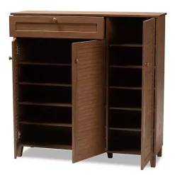 Walnut Wood 11-Shelf Paneled Shoe Cabinet