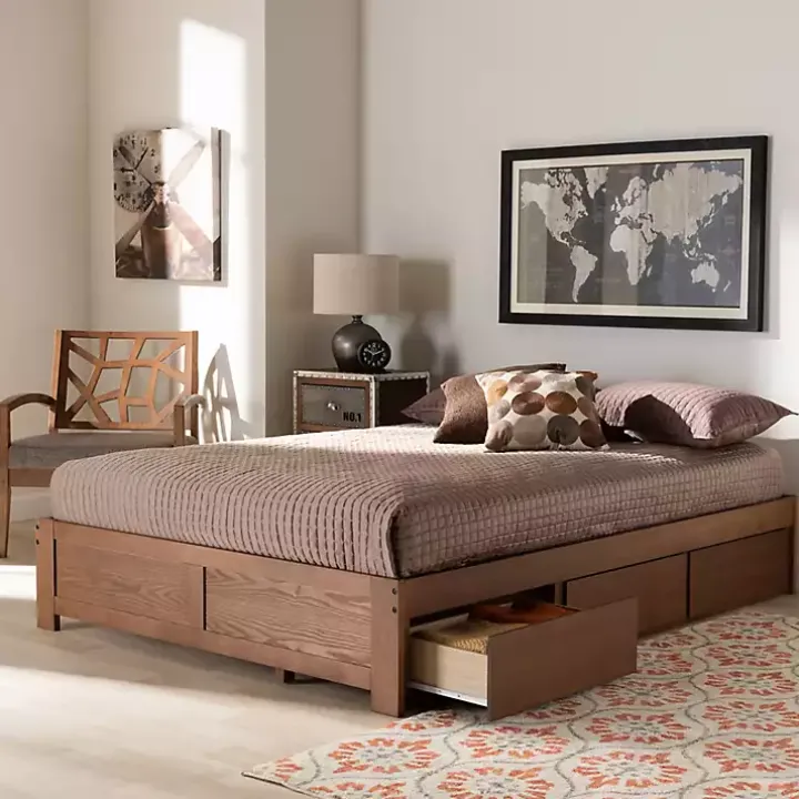 Walnut Wooden 3-Drawer Platform Bed
