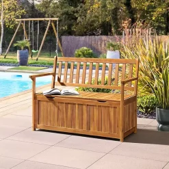 Warm Acacia Wood Slatted Outdoor Storage Bench