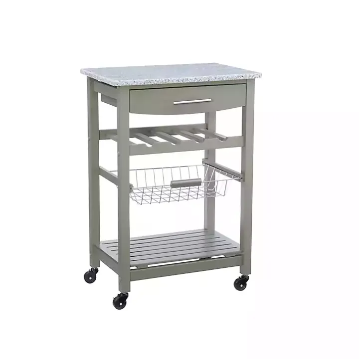 Warm Gray Rolling Kitchen Cart with Granite Top