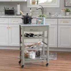 Warm Gray Rolling Kitchen Cart with Granite Top