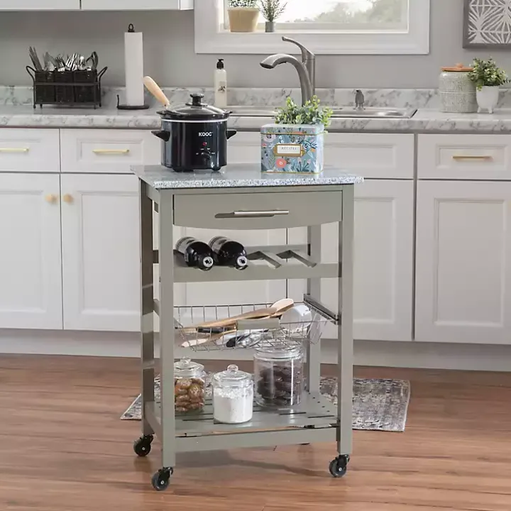 Warm Gray Rolling Kitchen Cart with Granite Top
