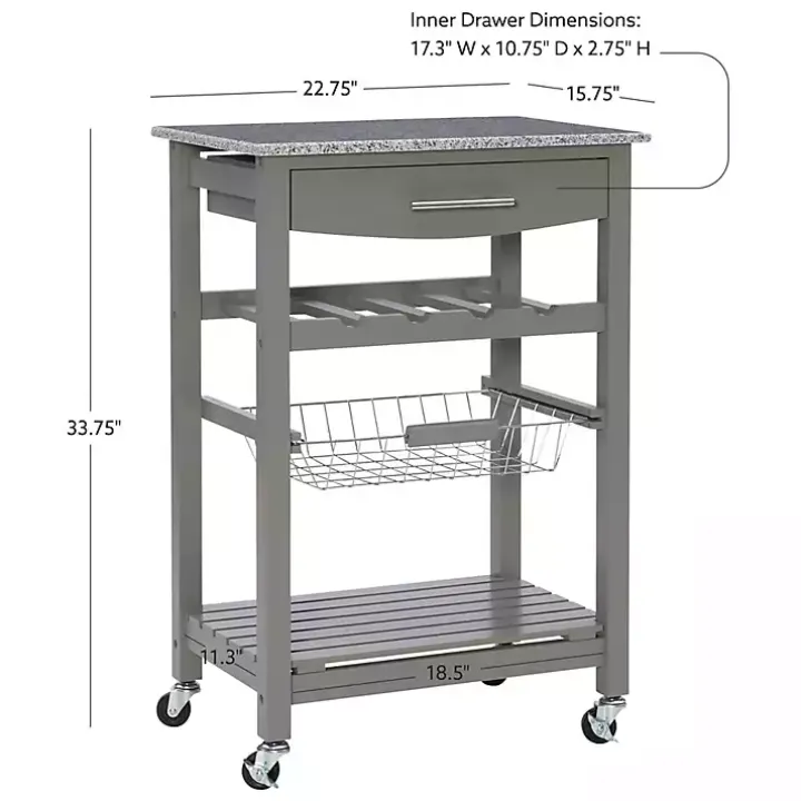 Warm Gray Rolling Kitchen Cart with Granite Top