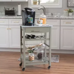 Warm Gray Rolling Kitchen Cart with Granite Top