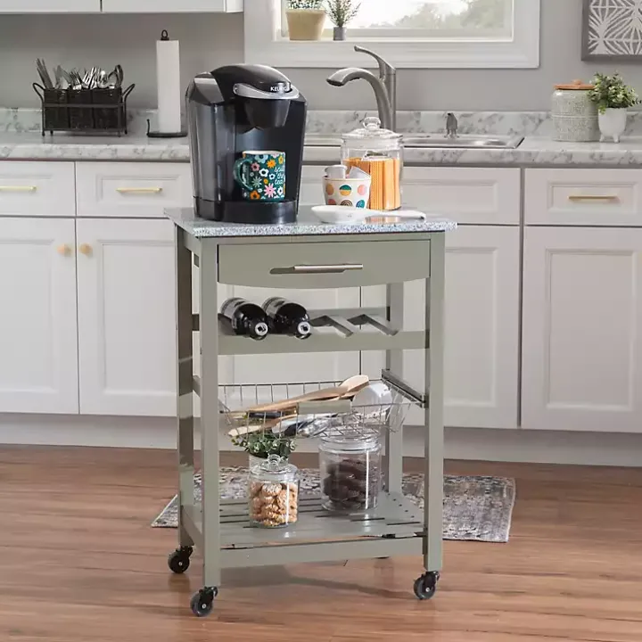 Warm Gray Rolling Kitchen Cart with Granite Top