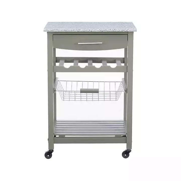 Warm Gray Rolling Kitchen Cart with Granite Top