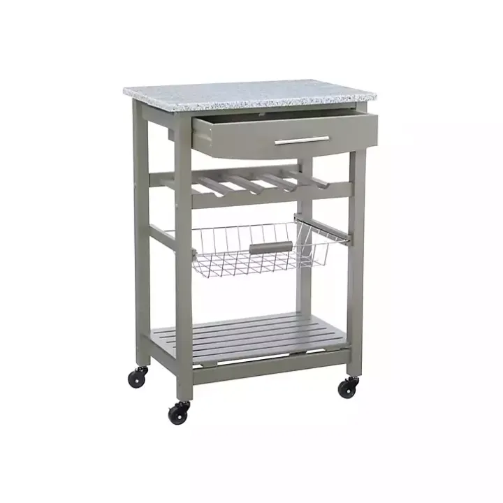 Warm Gray Rolling Kitchen Cart with Granite Top