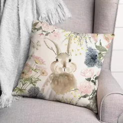 Watercolor Bunny and Flowers Pillow