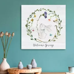 Welcome Spring Bunny Wreath Canvas Art Print