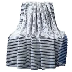 White & Navy Ribbed Ultra Soft Faux Fur Throw