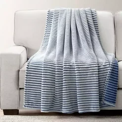 White & Navy Ribbed Ultra Soft Faux Fur Throw