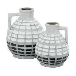 White and Black Checkered Ceramic Vases, Set of 2