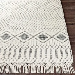 White and Black Diamond Tassel Wool Area Rug, 5x7