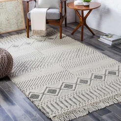 White and Black Diamond Tassel Wool Area Rug, 5x7
