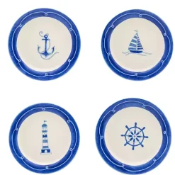 White and Blue Nautical Salad Plate Set, Set of 4