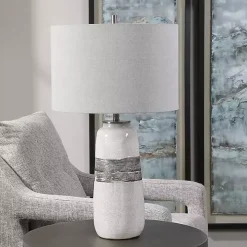 White and Brown Distressed Stripe Table Lamp