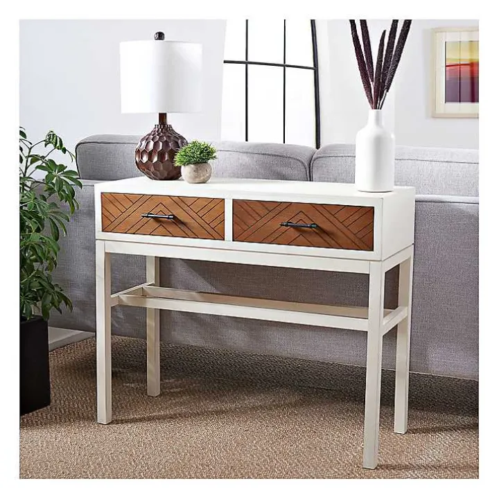 White and Brown Herringbone Console Table