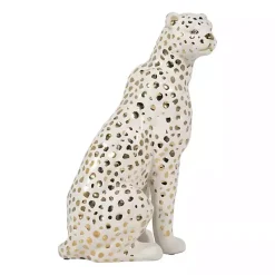 White and Gold Ceramic Sitting Leopard Statue