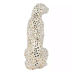 White and Gold Ceramic Sitting Leopard Statue