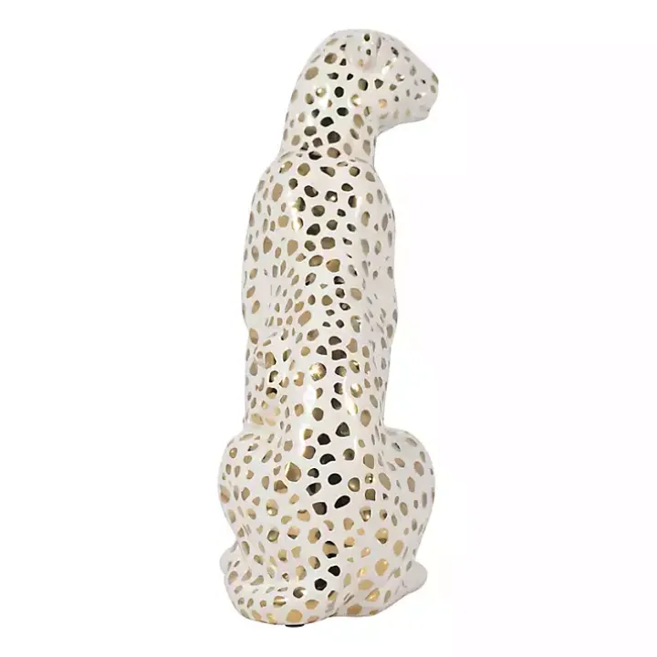 White and Gold Ceramic Sitting Leopard Statue