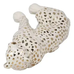 White and Gold Ceramic Sitting Leopard Statue
