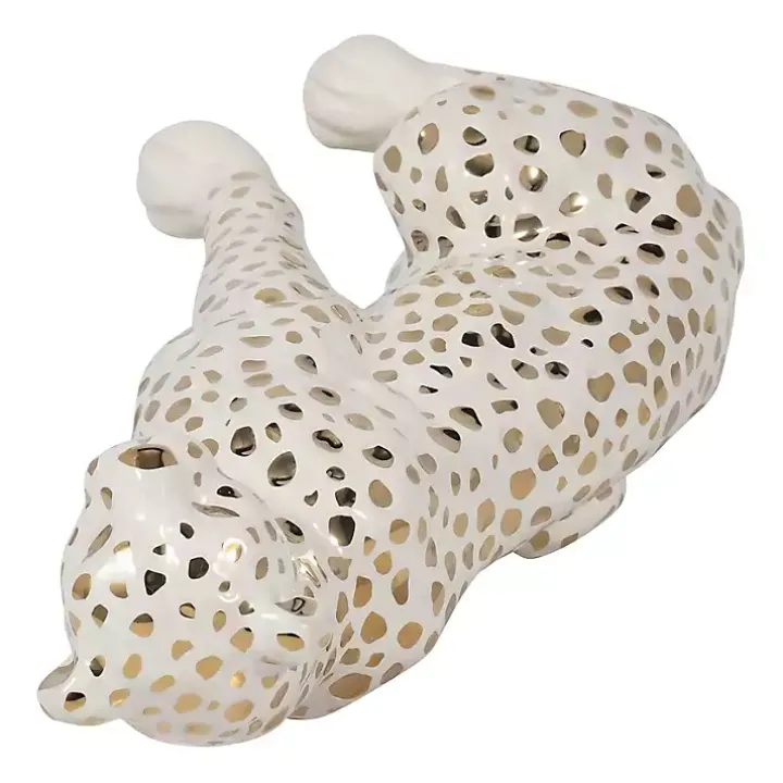 White and Gold Ceramic Sitting Leopard Statue