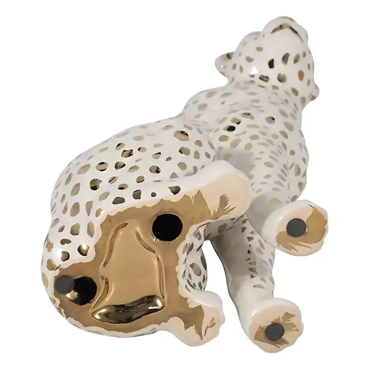 White and Gold Ceramic Sitting Leopard Statue