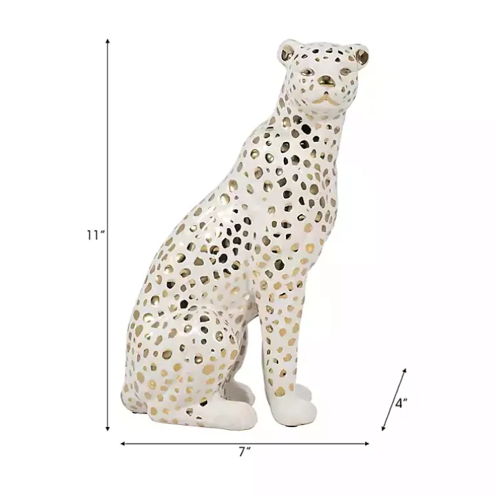 White and Gold Ceramic Sitting Leopard Statue