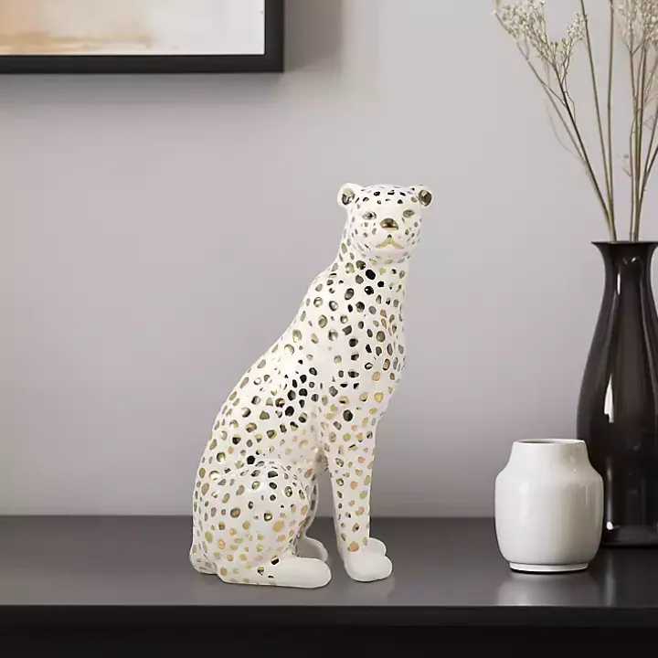 White and Gold Ceramic Sitting Leopard Statue